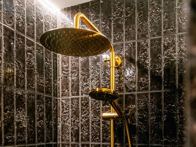 Estudio Premium con balcón | Ducha Rociador de ducha dorado y ducha de mano sobre azulejos negros con textura