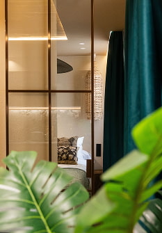 Decoración de estilo Bali Mampara de vidrio con perfil negro, cortina verde y hojas de monstera en primer plano